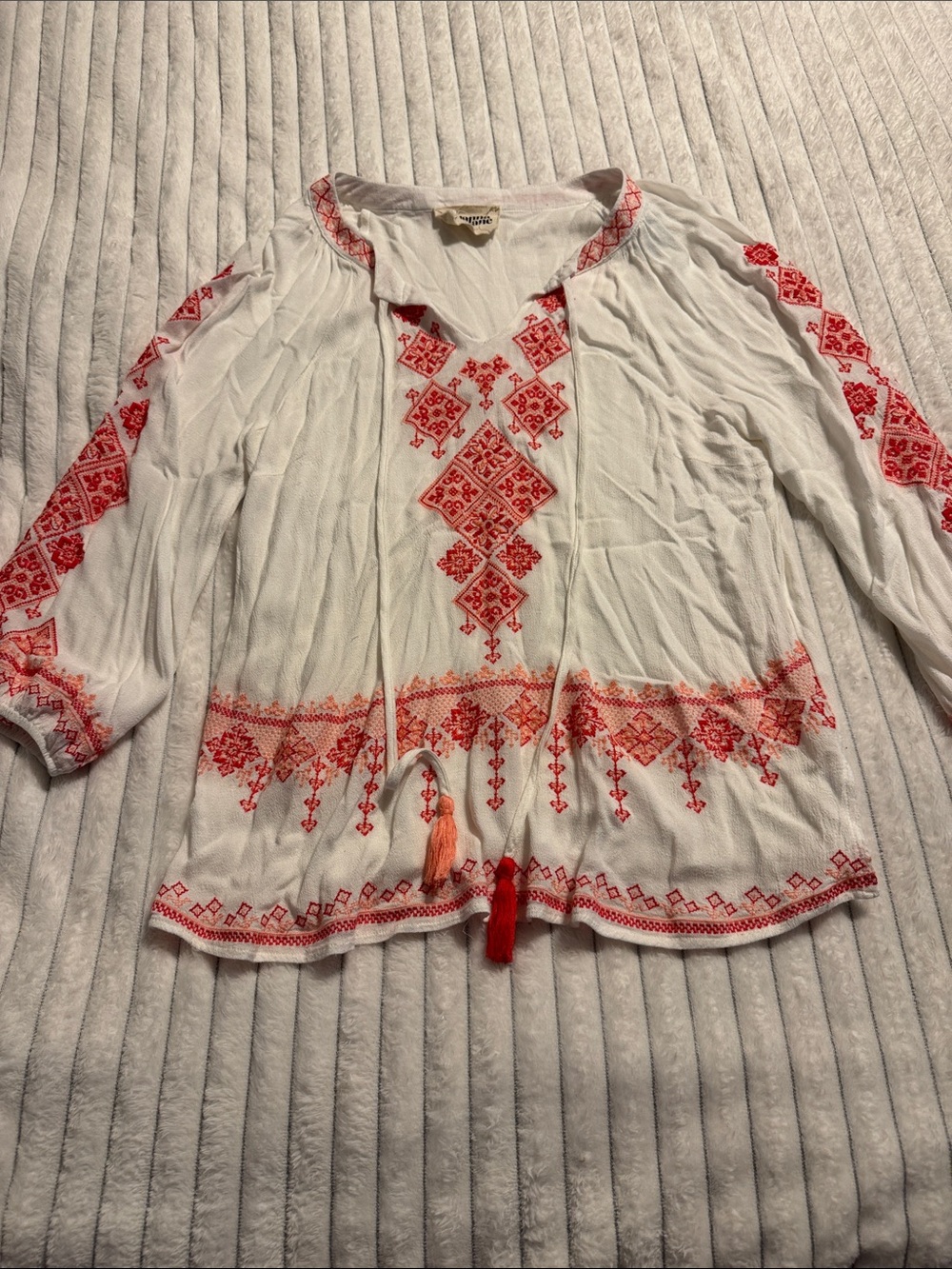 Savanna Jane White Tunic with Red Embroidery and Tassels